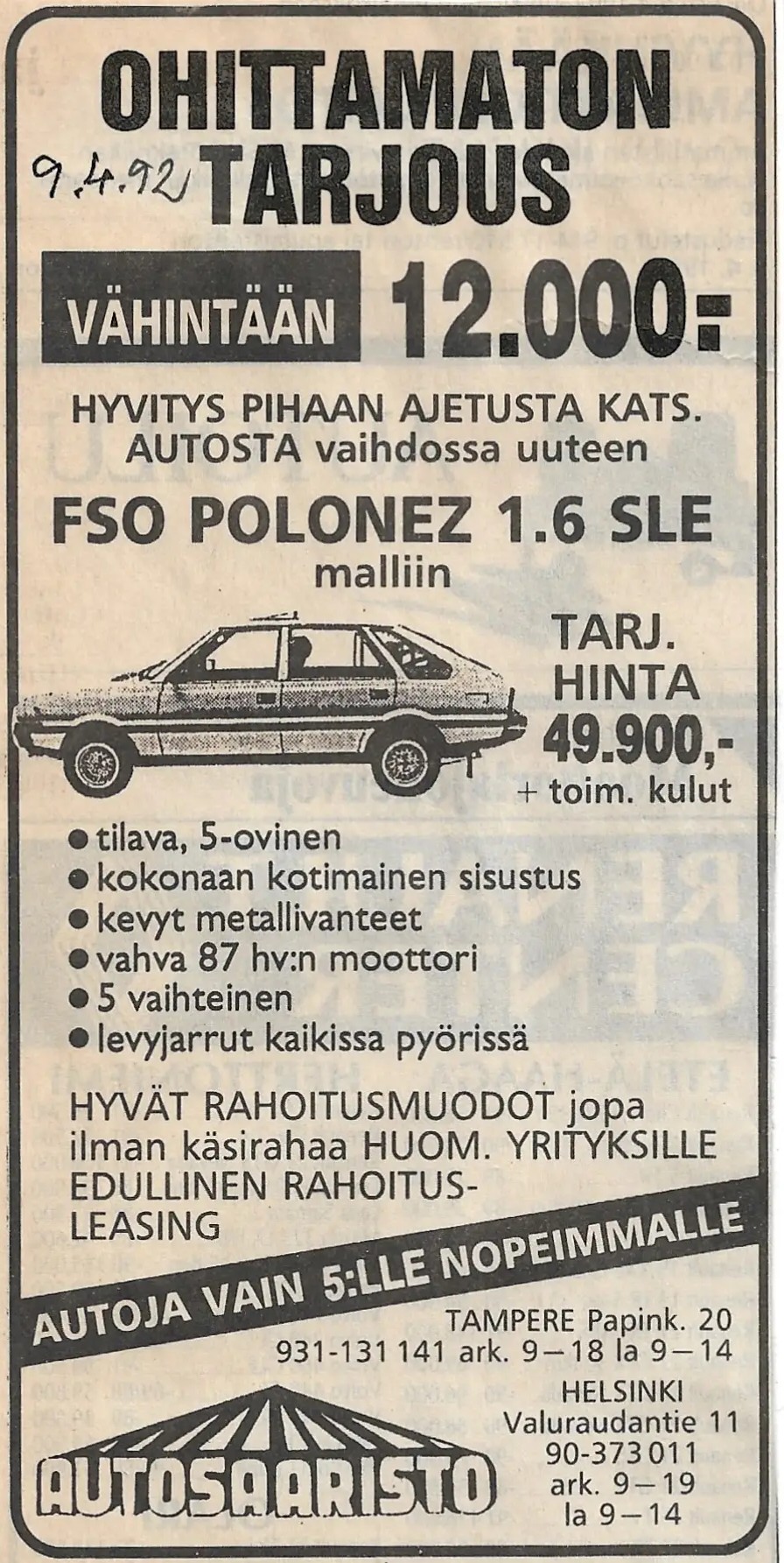 9.4.1992 Autosaariston mainos